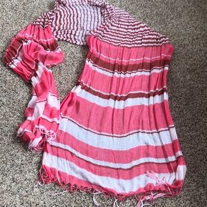 Pink (various shades) & w white striped scarf